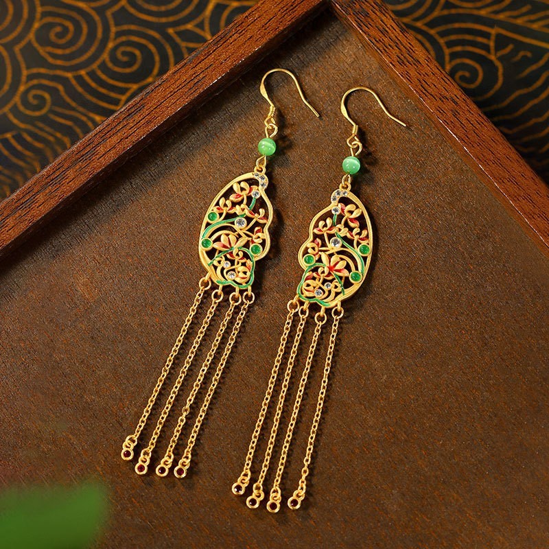 Chinese-style enamel gradient floral earrings，Multicolored Earrings，Handmade