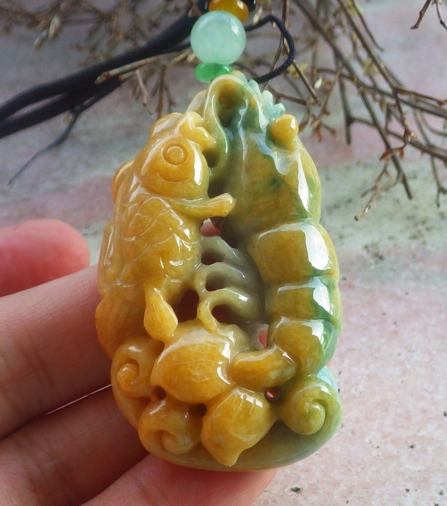 Video Certified Yellow Natural A Jade jadeite Pendant Lobster Shrimp Fish 708602