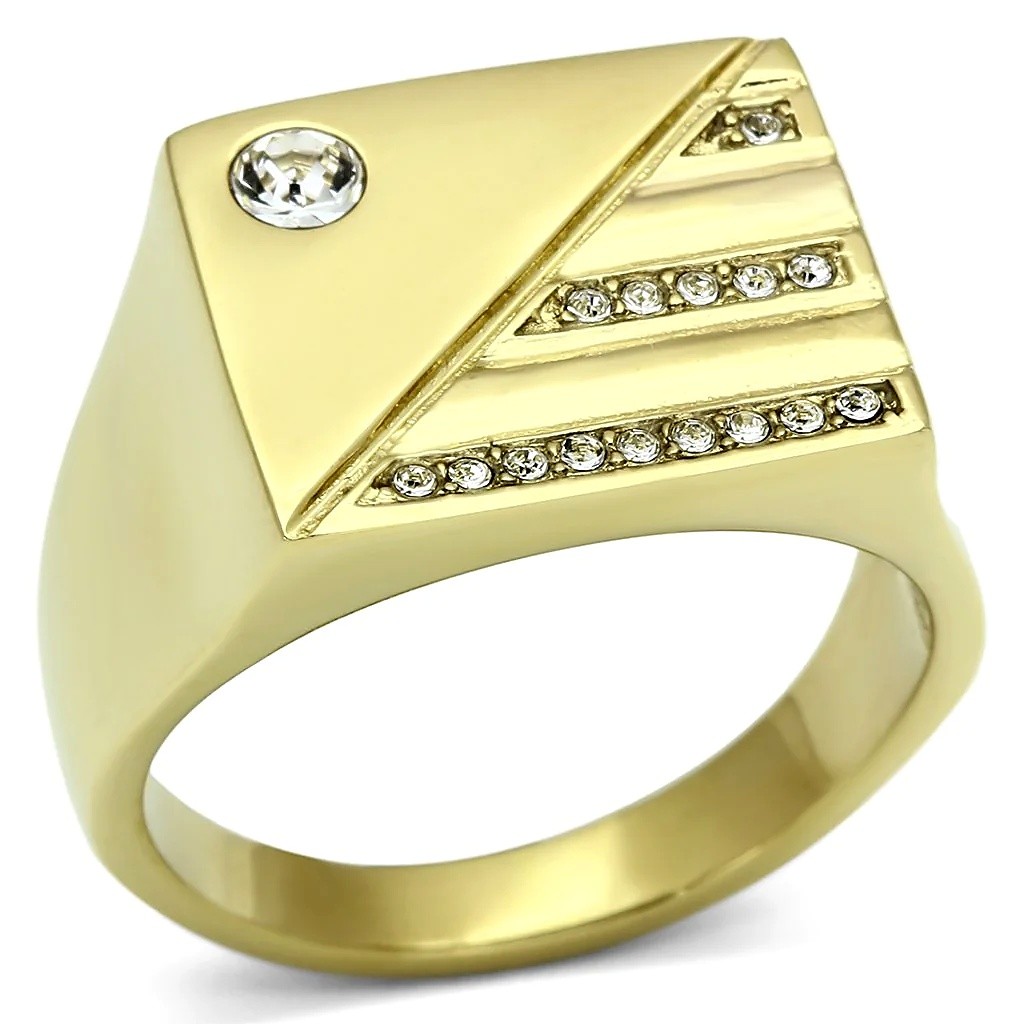 Men’s Pyramid Ring, Clear Top Grade Crystal, 14K Gold Plated, Stainless Steel