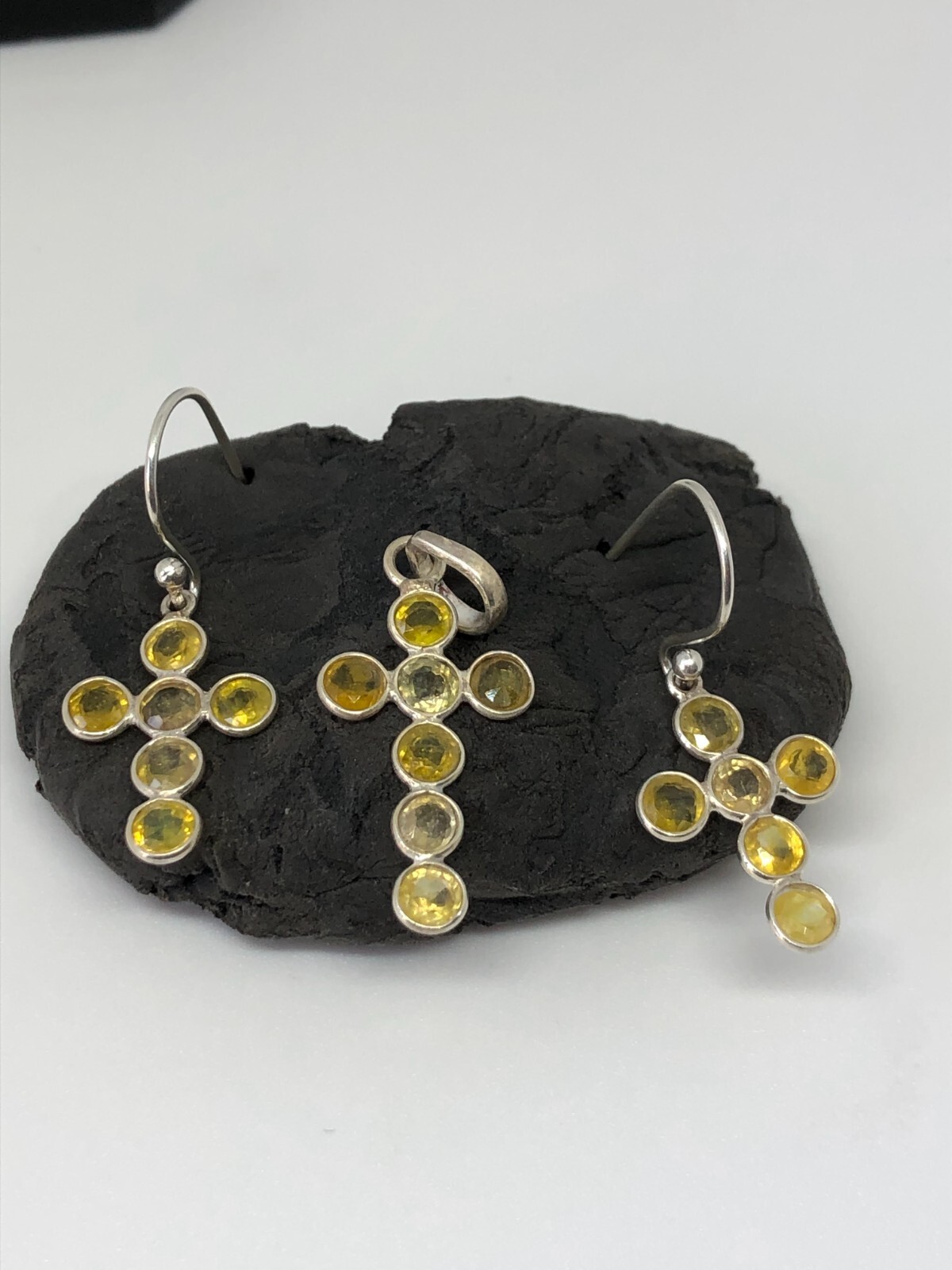 Yellow Sapphire Plain Cross Pendant Earring Silver Set,Best Christian Gifts 1015