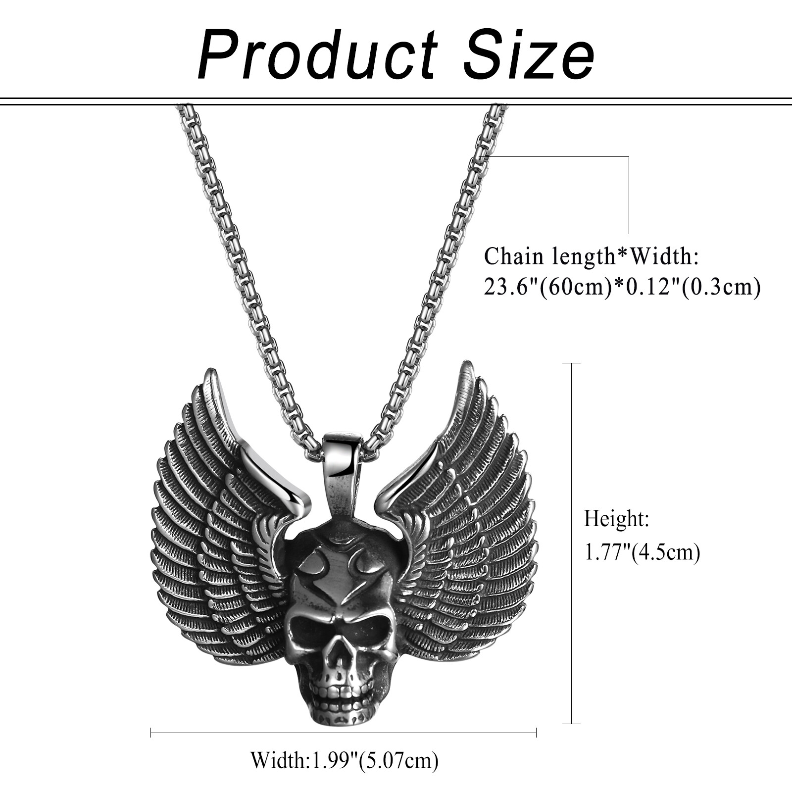 Biker Mens Gothic Angel Skull Head Pendant Stainless Steel Necklace Punk Jewelry