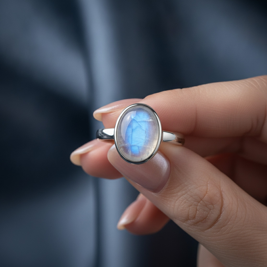 925 Sterling Silver Moonstone Ring, Oval Moonstone Gemstone Ring