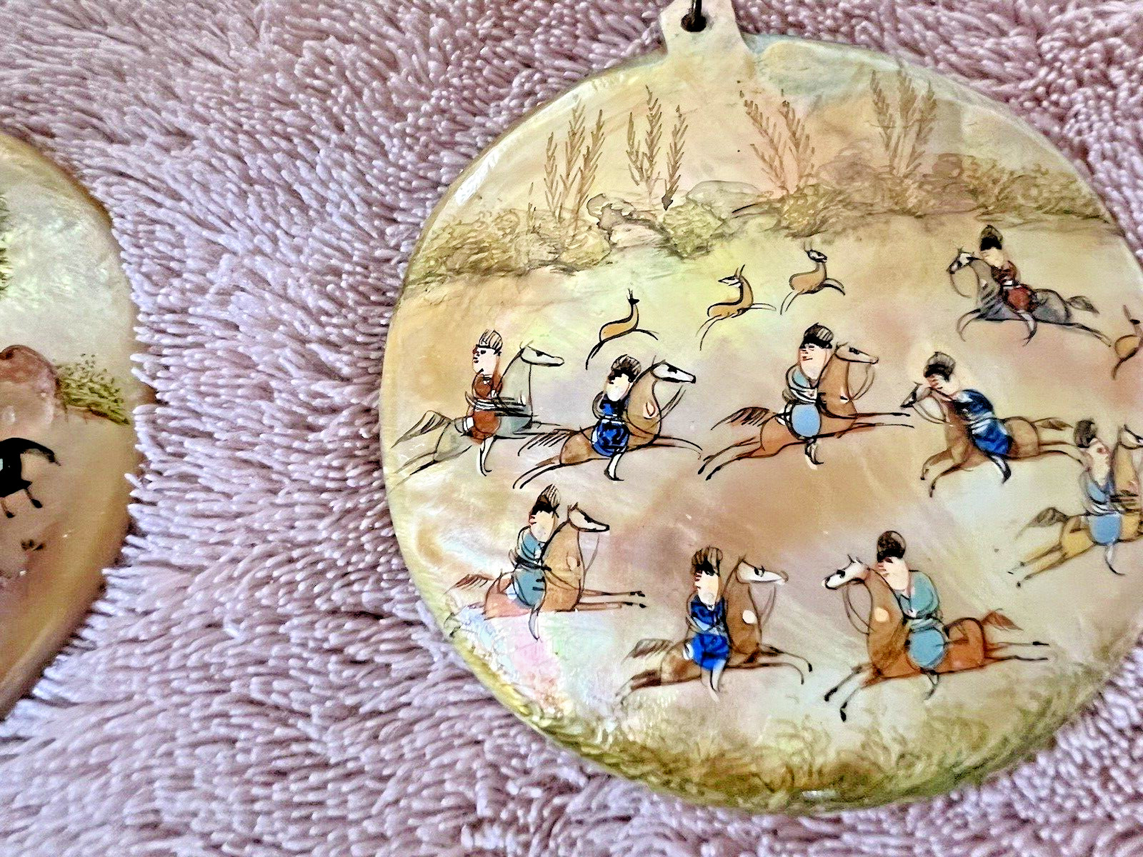 2 Pendant/Earrings Nacre Painted – Asian Centre – 2 3/8in – Fine 19th/Early 20th
