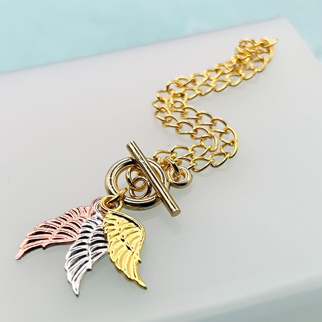 Mini Angel Wing Triple Pendant T-Bar Bracelet (Gold Chain) New Handmade