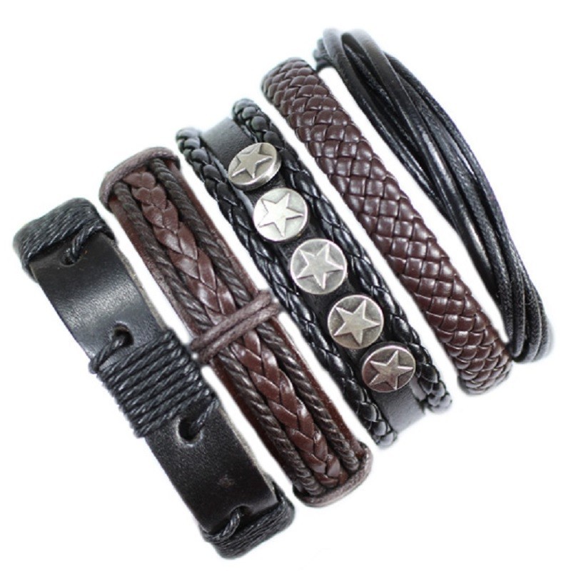 5PCS Braided Surfer Leather Bracelets Multilayer Rope Wristband for Men Jewelry