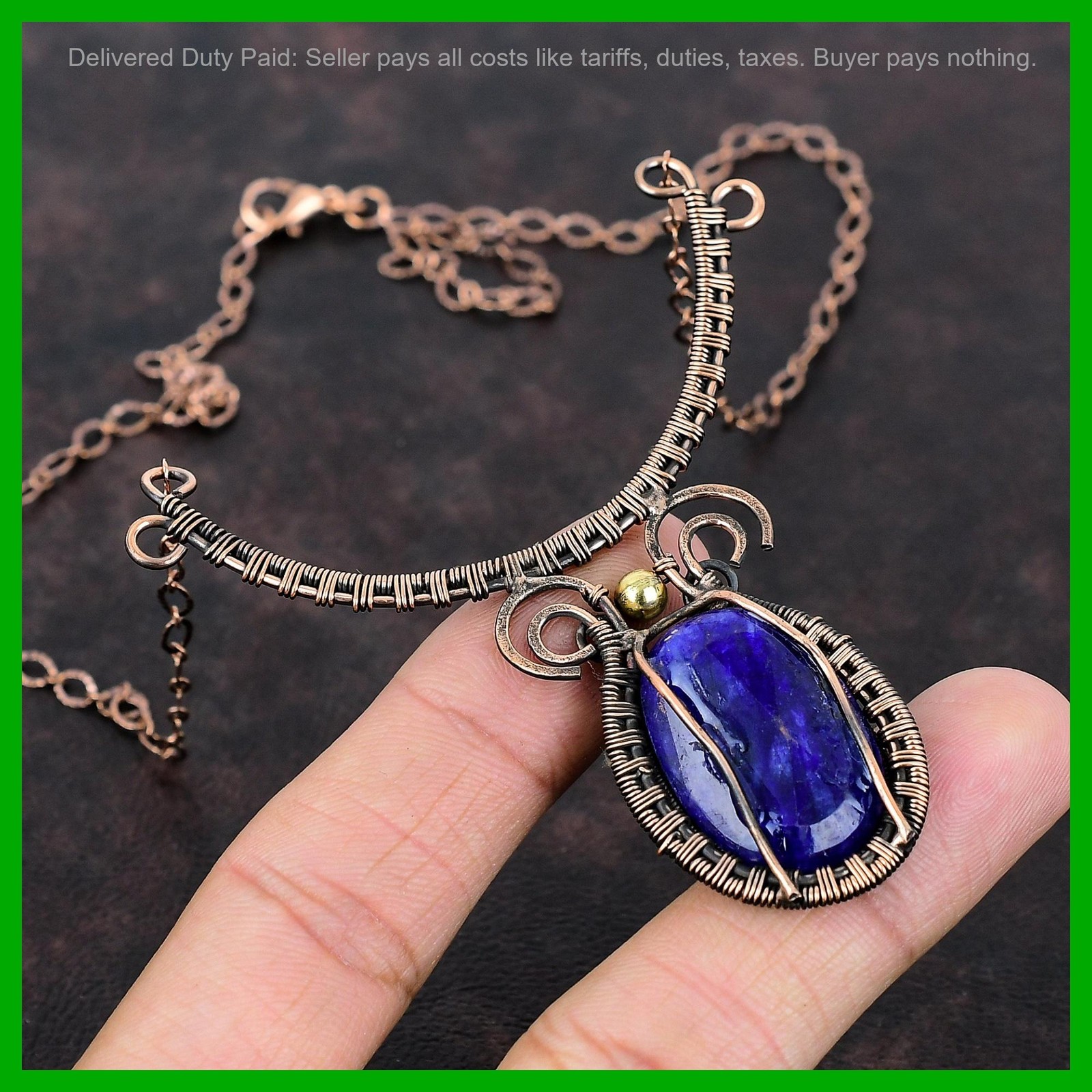 Copper Oval Blue Saphire Gemstone Unique Wire Wrapped Birthday Necklace Jewelry