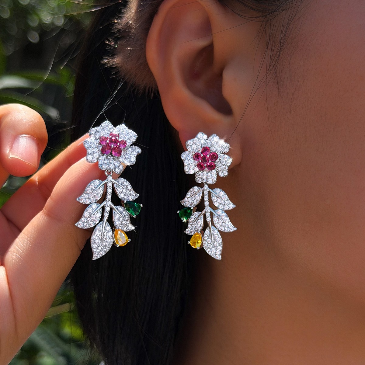 Exquisite Silver Plated Cubic Zirconia Flower Leaf Drop Earrings Wedding Jewelry