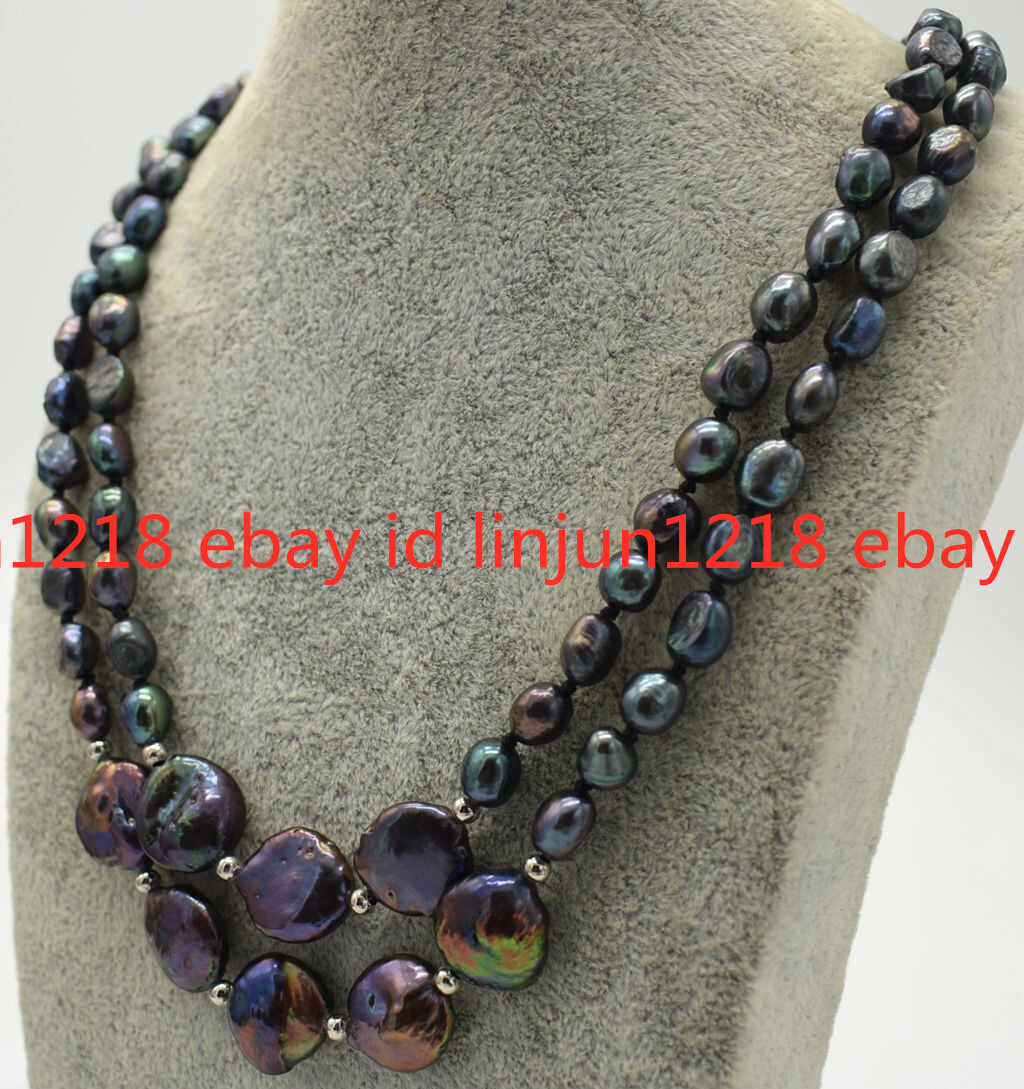 2Rows 7-8mm Natural Black Baroque Pearl 12-13mm Coin Pearl Necklace 18-19in