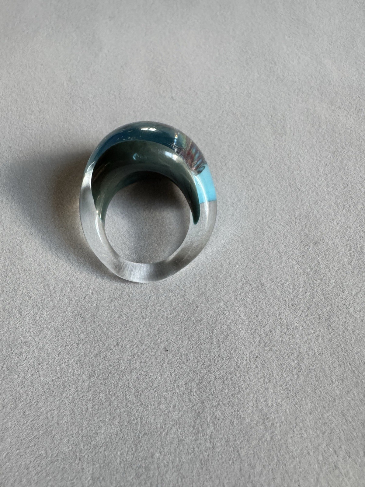 Bohemian Hand Blow Art Glass Ring Turquoise Dome Clear Lace Web Design Statement