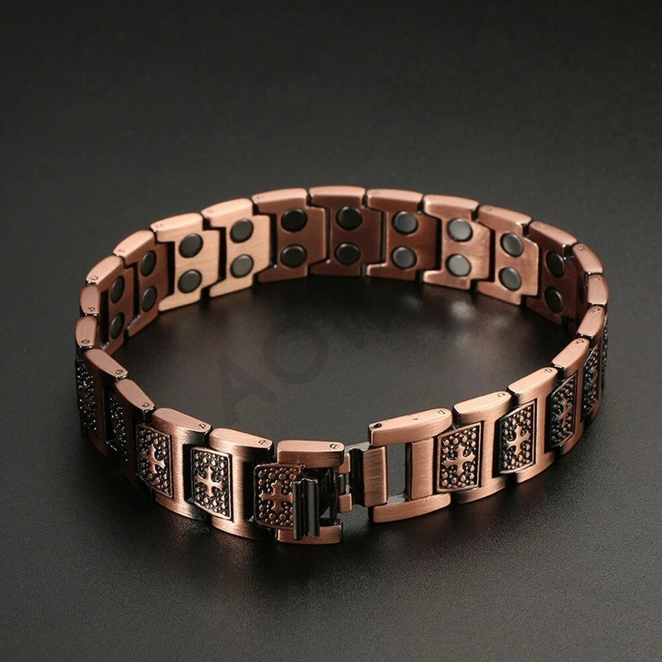 100% Pure Copper Energy Chain Bracelet Magnets Cross Crucifix Therapy Health