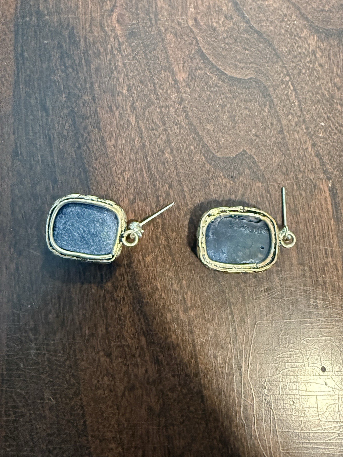 Blue Drusy Quartz Cushion Stud Earrings Bezel Set Butterfly Back Pair