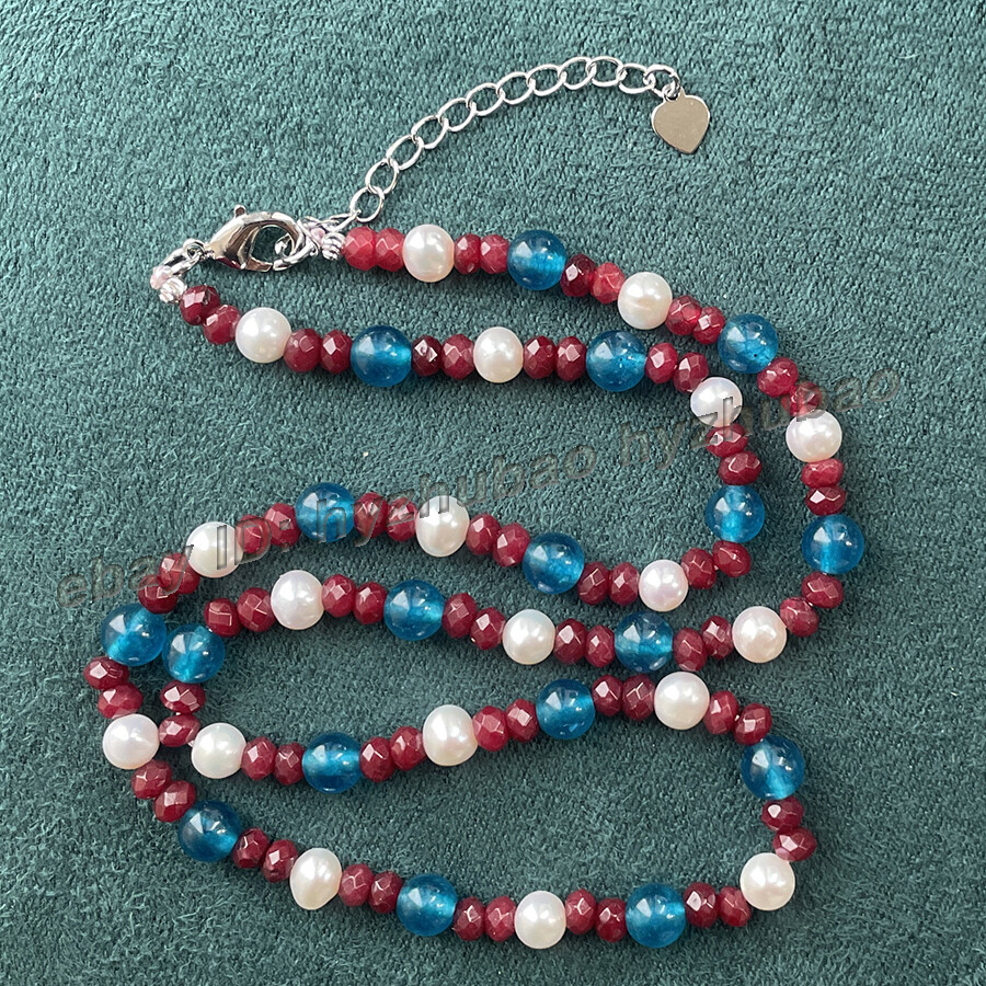 14-50″ Faceted Roundel Red Ruby &Round Apatite Gems & White Pearl Beads Necklace