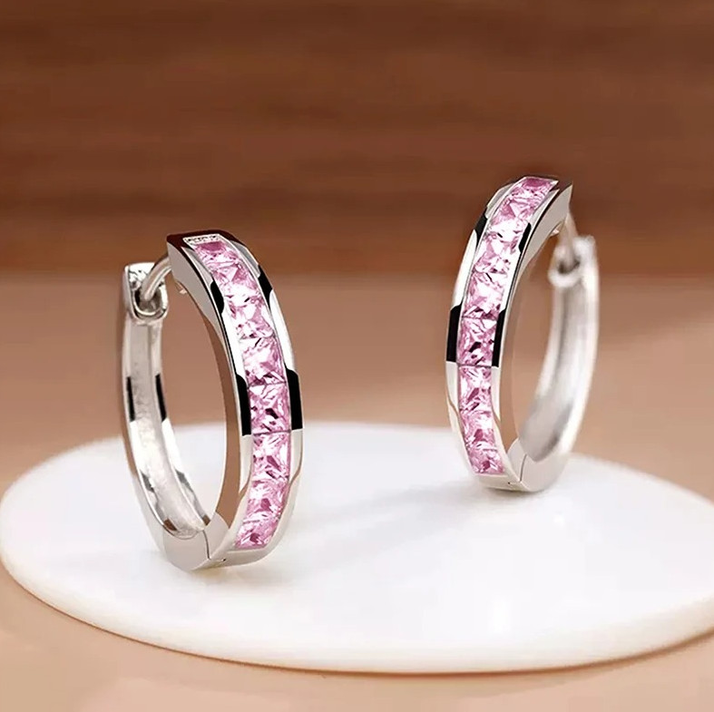 1Pair Princess CZ Hoop Earrings Elegant Women Geometric Jewelry – NEW