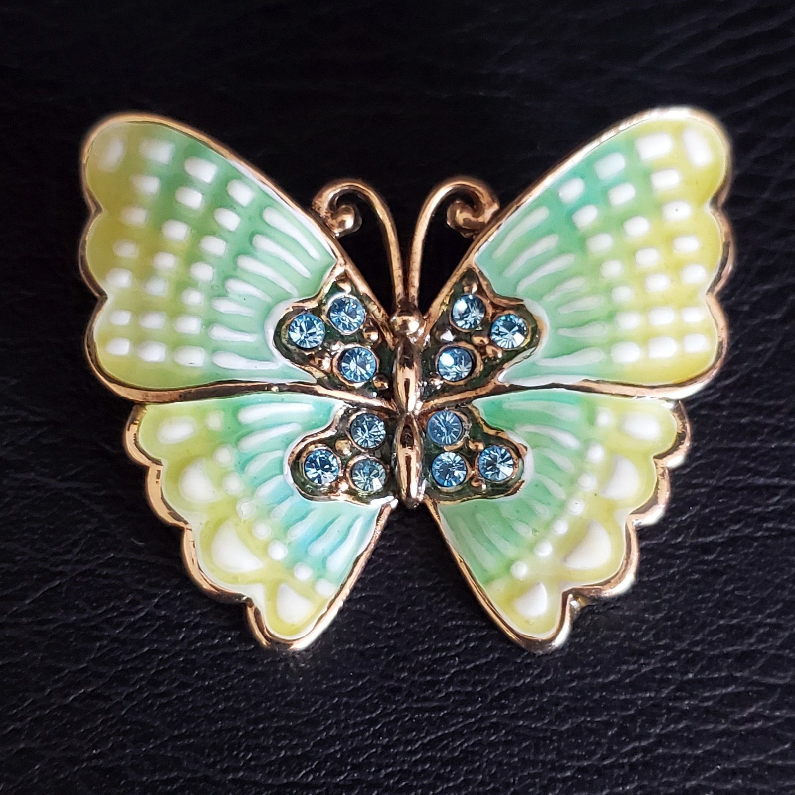 Monet Butterfly Pin Brooch Gold tone with Green & Yellow Enamel with Blue Stones