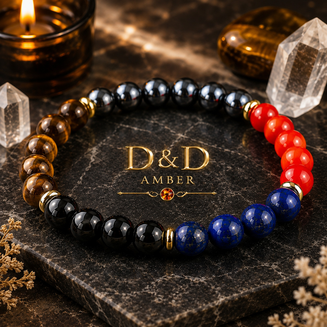 Natural Gemstone Beaded Bracelet Tiger Eye Lapis Coral Hematite Unisex Gift