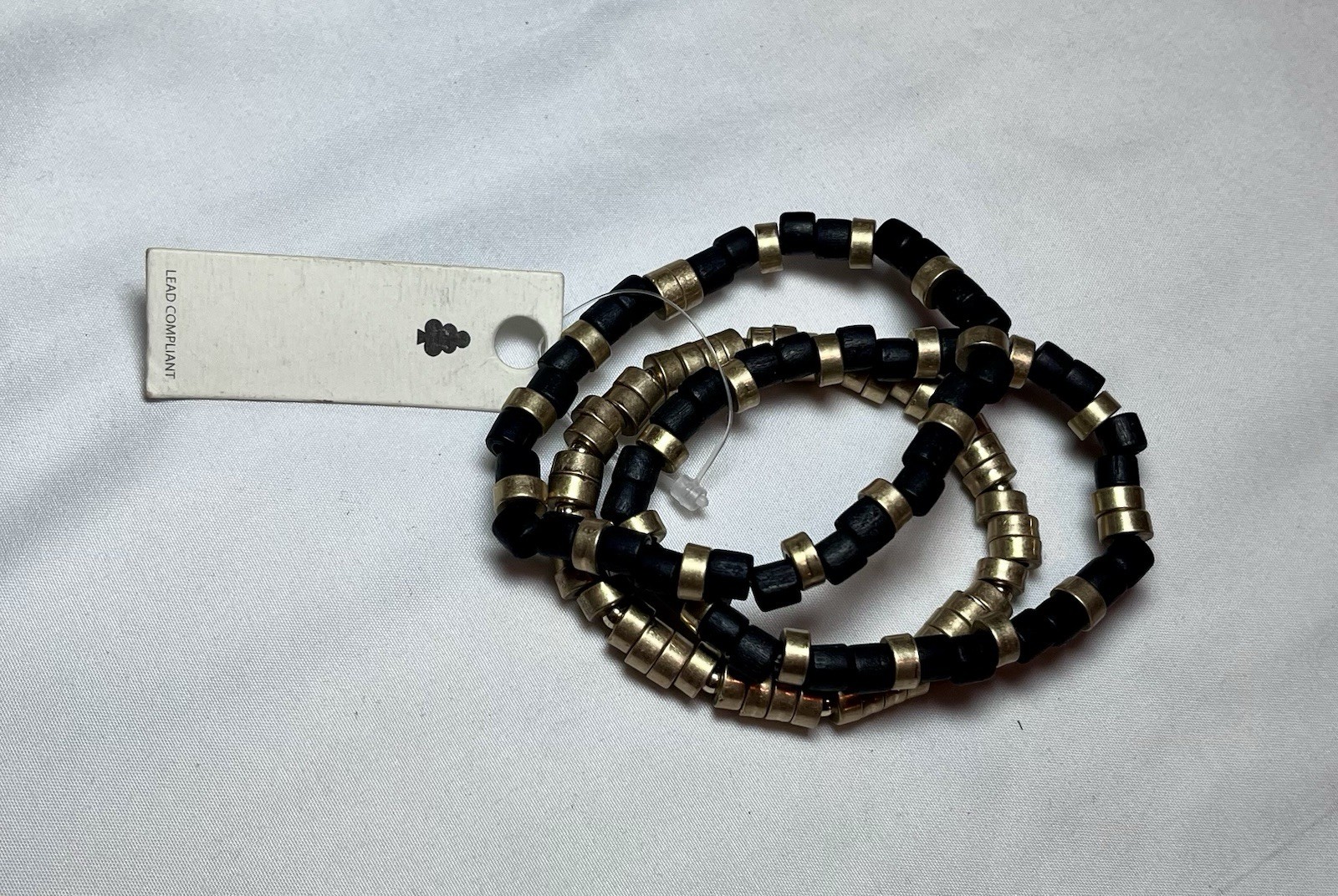 Lead Compliant Black Gold Beaded Stretch Bracelet Set Wood Metal BW71044