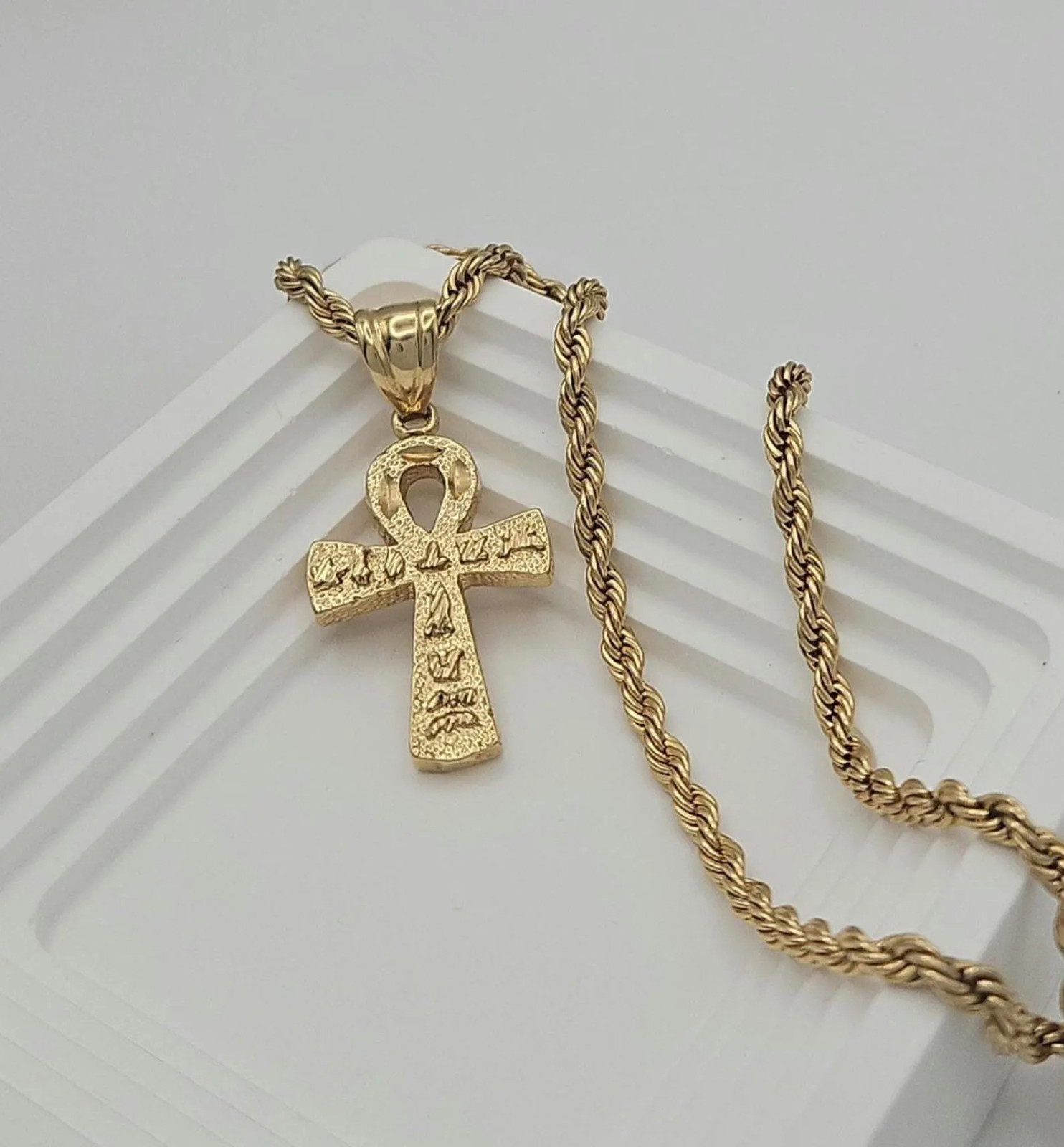 Gold Ankh Necklace for Men, Large Textured Ankh Cross Pendant, 4mm French Rope