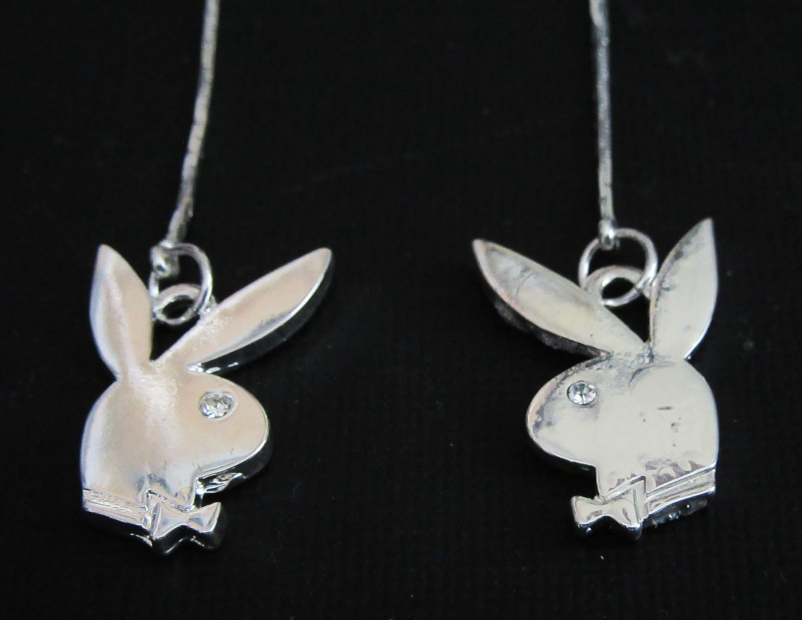 Playboy Bunny Long Threader Dangle Earrings Silver Tone Rhinestone Y2K