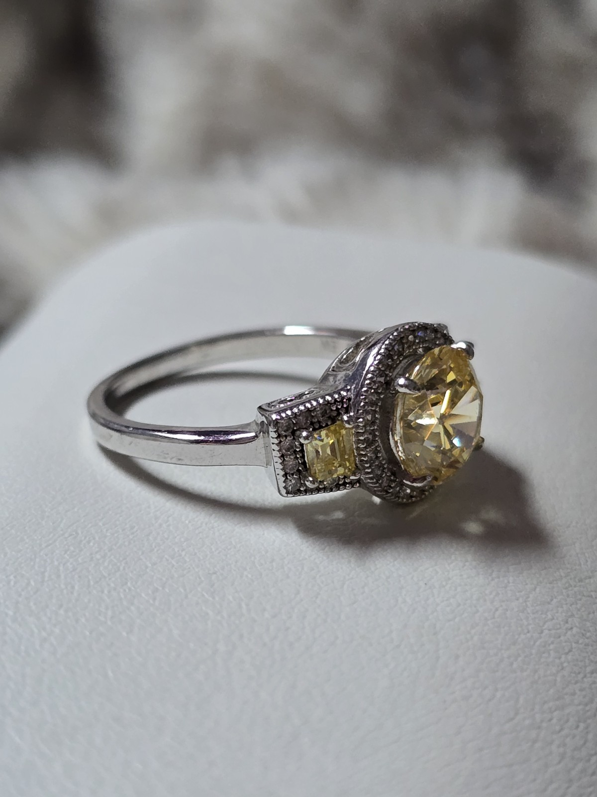 JTV sterling silver Canary Yellow 3 Three stone cz halo Ring