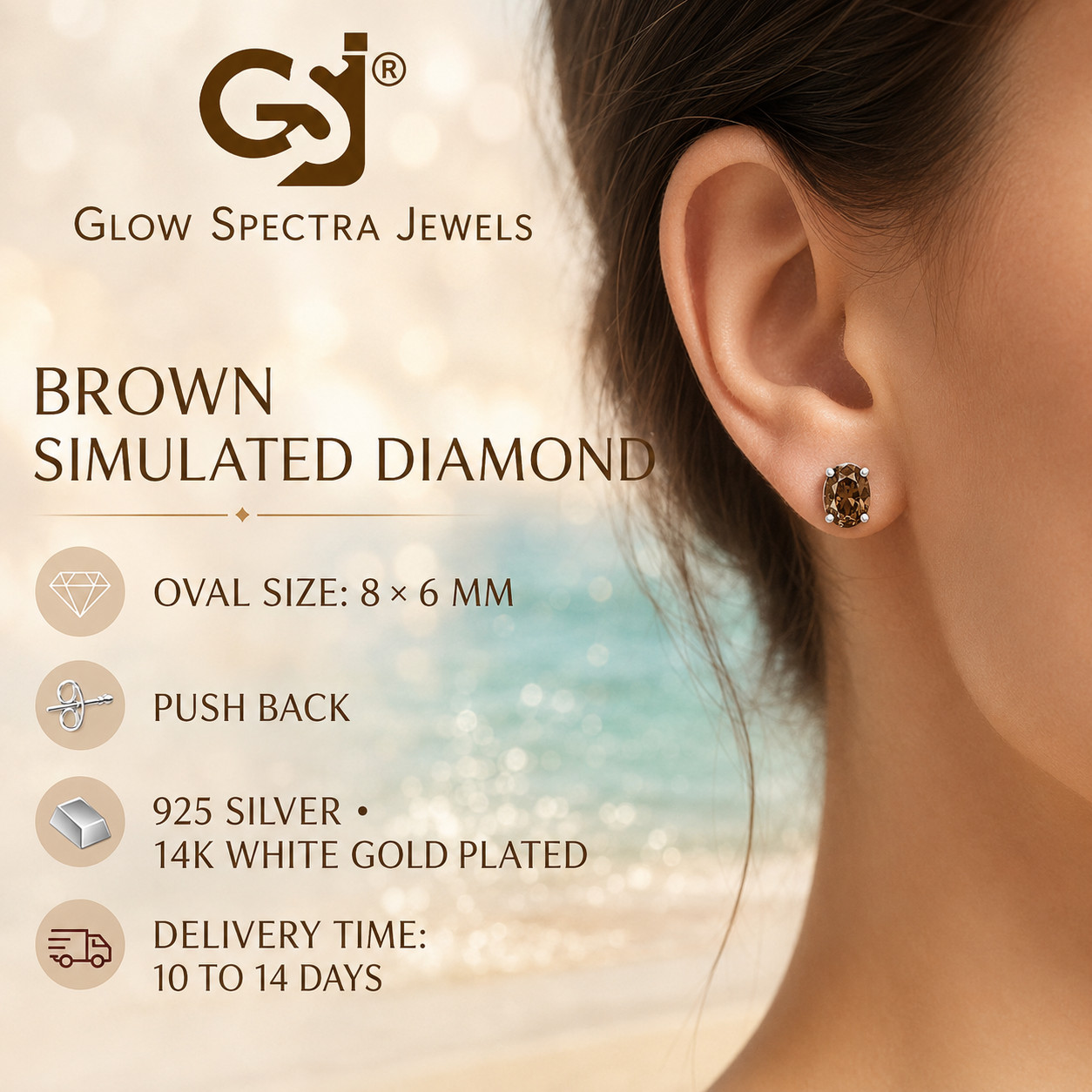 4 CT Ovel Solitaire Brown Stud Erring Pus Back 925 Silver 14k White Gold Plated
