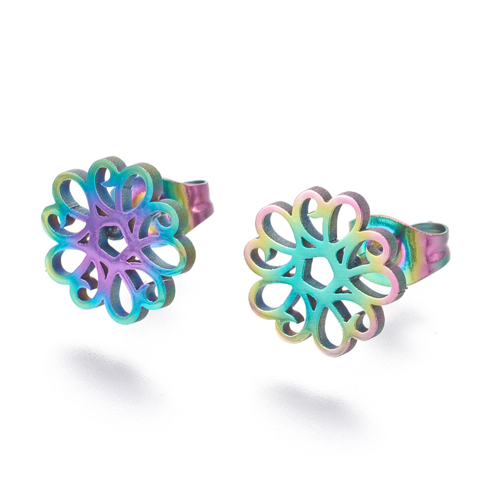 Stainless Steel Set Stud Earring Pendant Necklace Flower 17.7″ Pin 0.8mm P489
