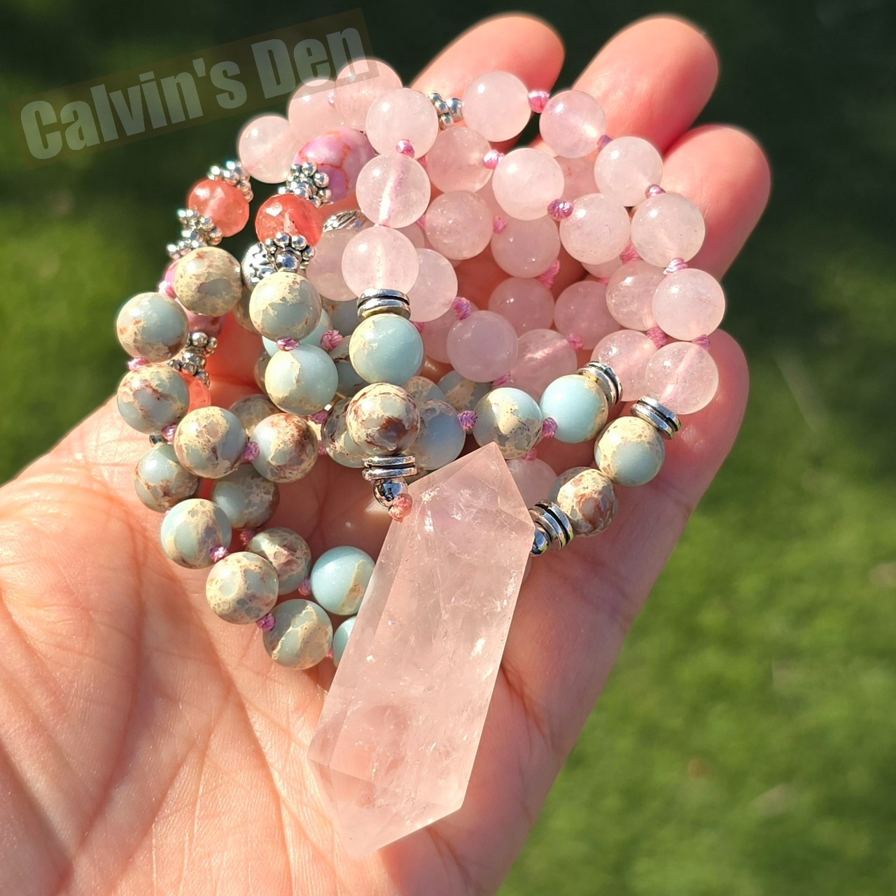 Rose Quartz Impression Jasper Bead Necklace + Rose Quartz Crystal Point Pendant