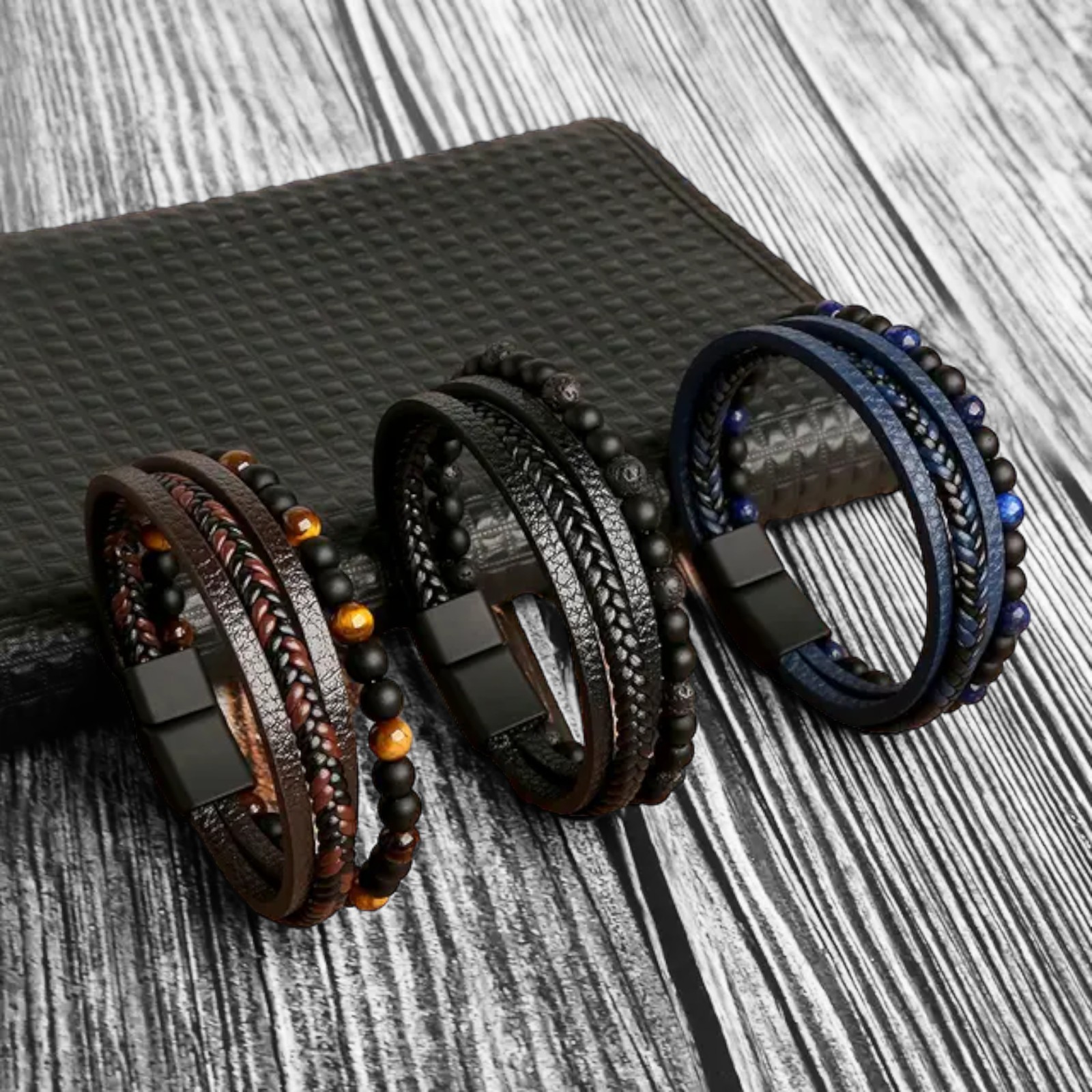 Men’s Tiger Eye Natural Stone Layered Braided Leather Beaded Bracelet