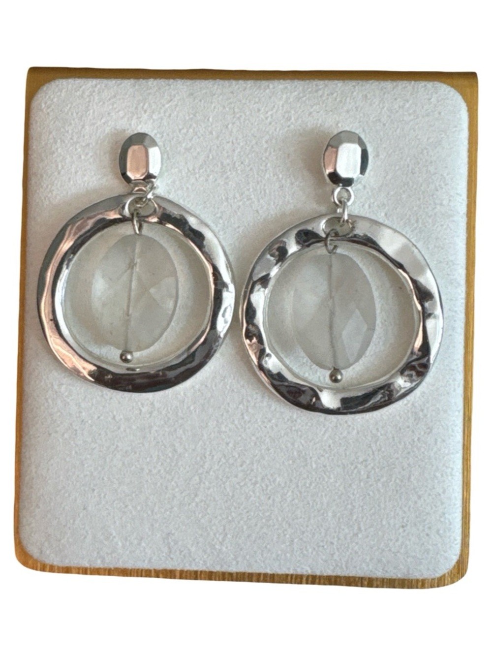 Source Unknown Silver Hoop Drop Earrings with Clear Stone