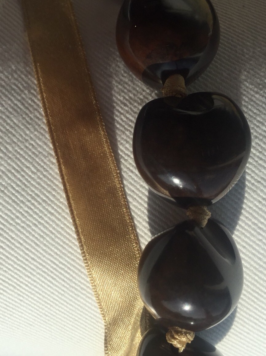 Kukui Hawaiian Lei Brown Necklace on Beige Ribbon from Hawaii