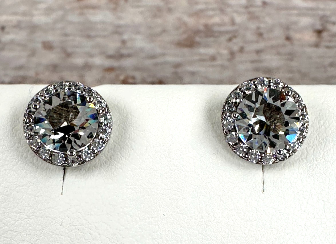 Sterling and Cubic Zirconia ATI 7.8 mm Round Earrings Stud Solitaire and Cluster