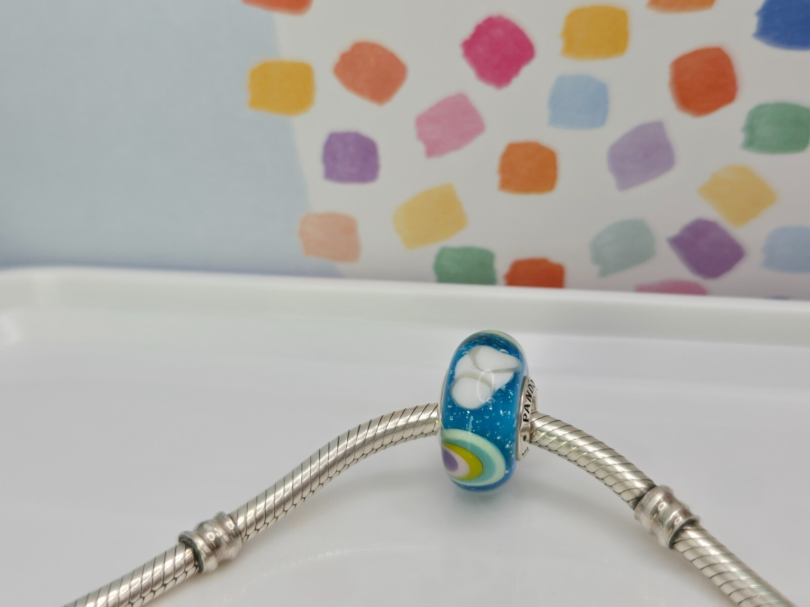 Authentic Pandora Blue Murano Rainbow Murano Glass Silver Charm