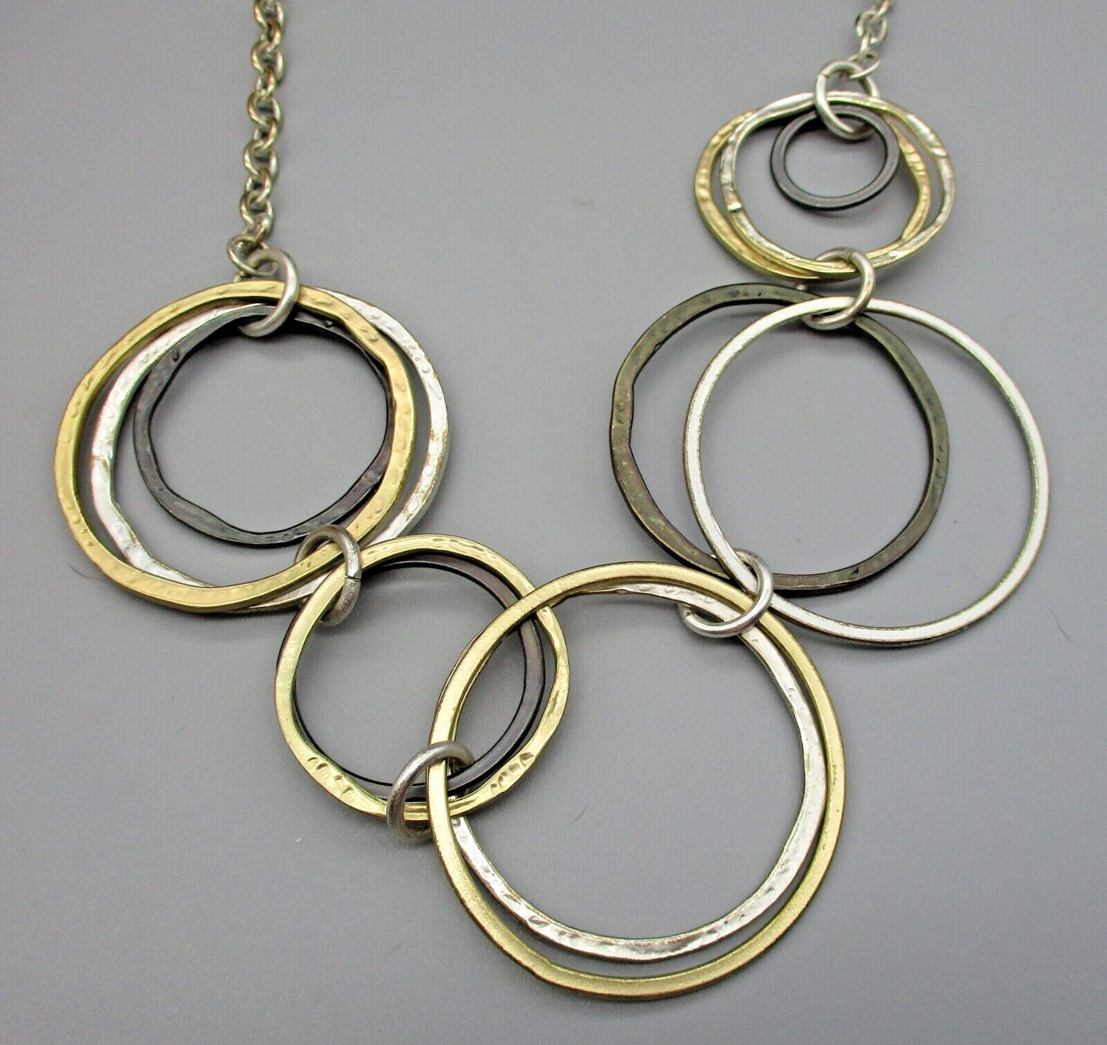 Mixed Sizes Silver Bronze Gold Color Rings Silvertone Statement Necklace