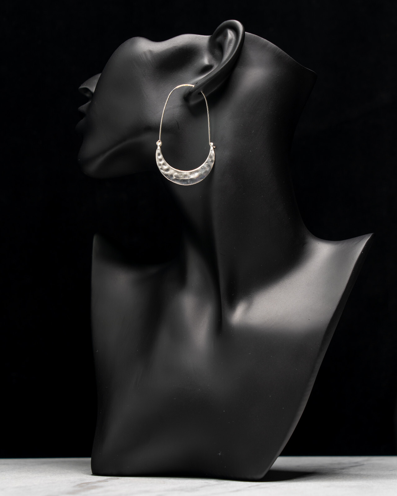 Crescent Moon Hammered Drop Hoop Wire Boho Metal Earrings in Silver