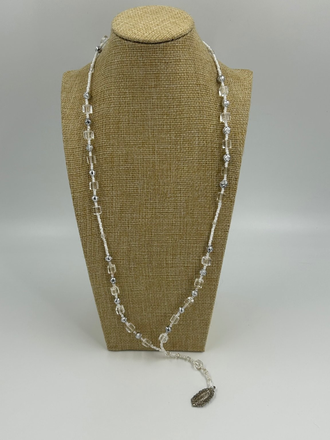 Vintage Religious Rosary Necklace Silver Tone ClearGlass Beads 27 Inch
