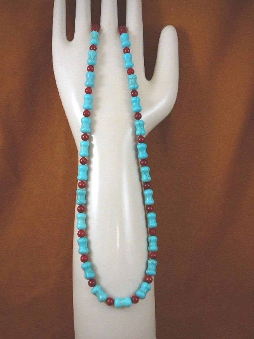 (v326-32) 20″ long Turquoise gemstone + red Coral bead beaded gemstone Necklace