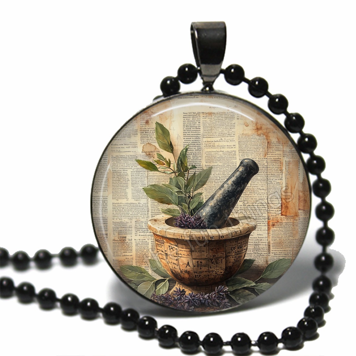 Herbal Wisdom Medicinal Herbs Pendant 24″ Necklace Glass Dome Apothecary Print