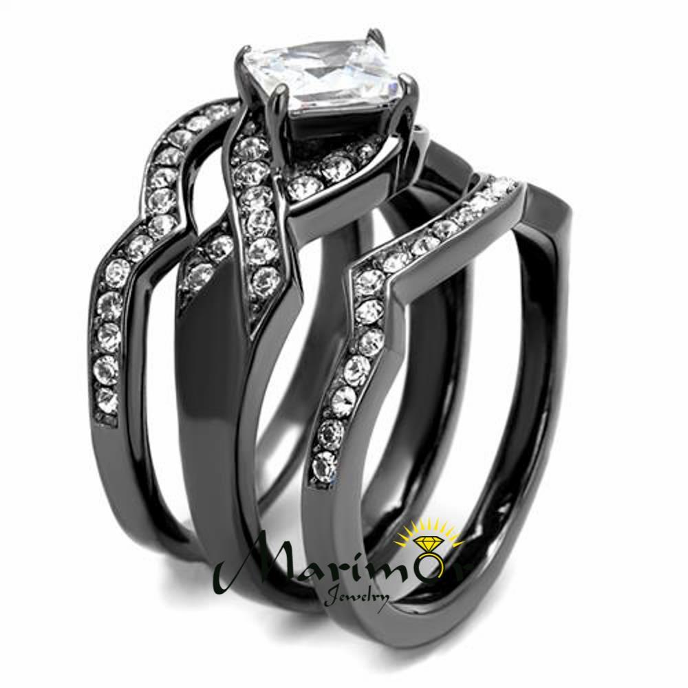 Women’s 2.2 Ct Princess Cut CZ Light Black Stainless Steel Wedding Ring Set