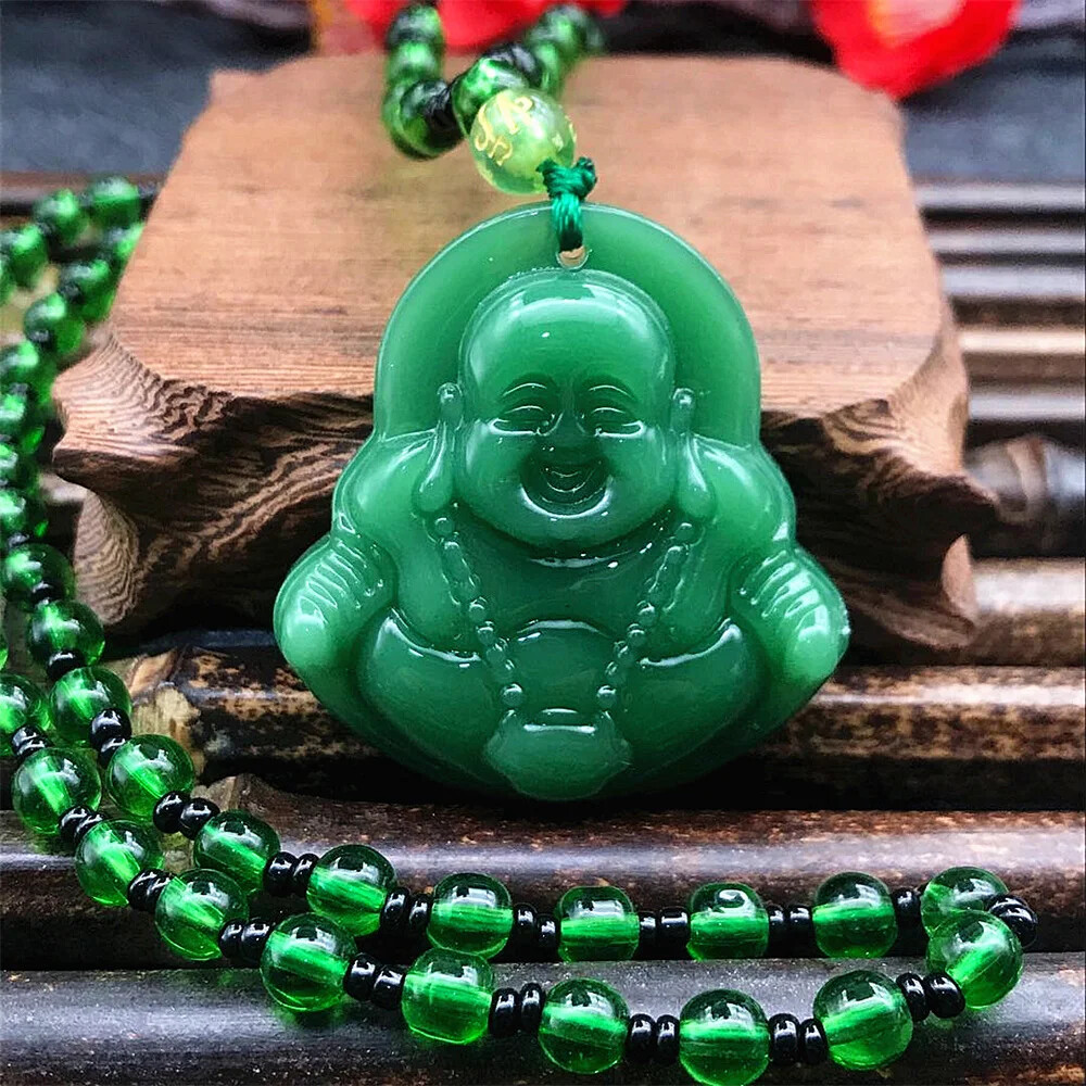 Green Jade Stone Hand-Carved Dragon Phoenix Jade Pendant Necklace ChineseAmulet