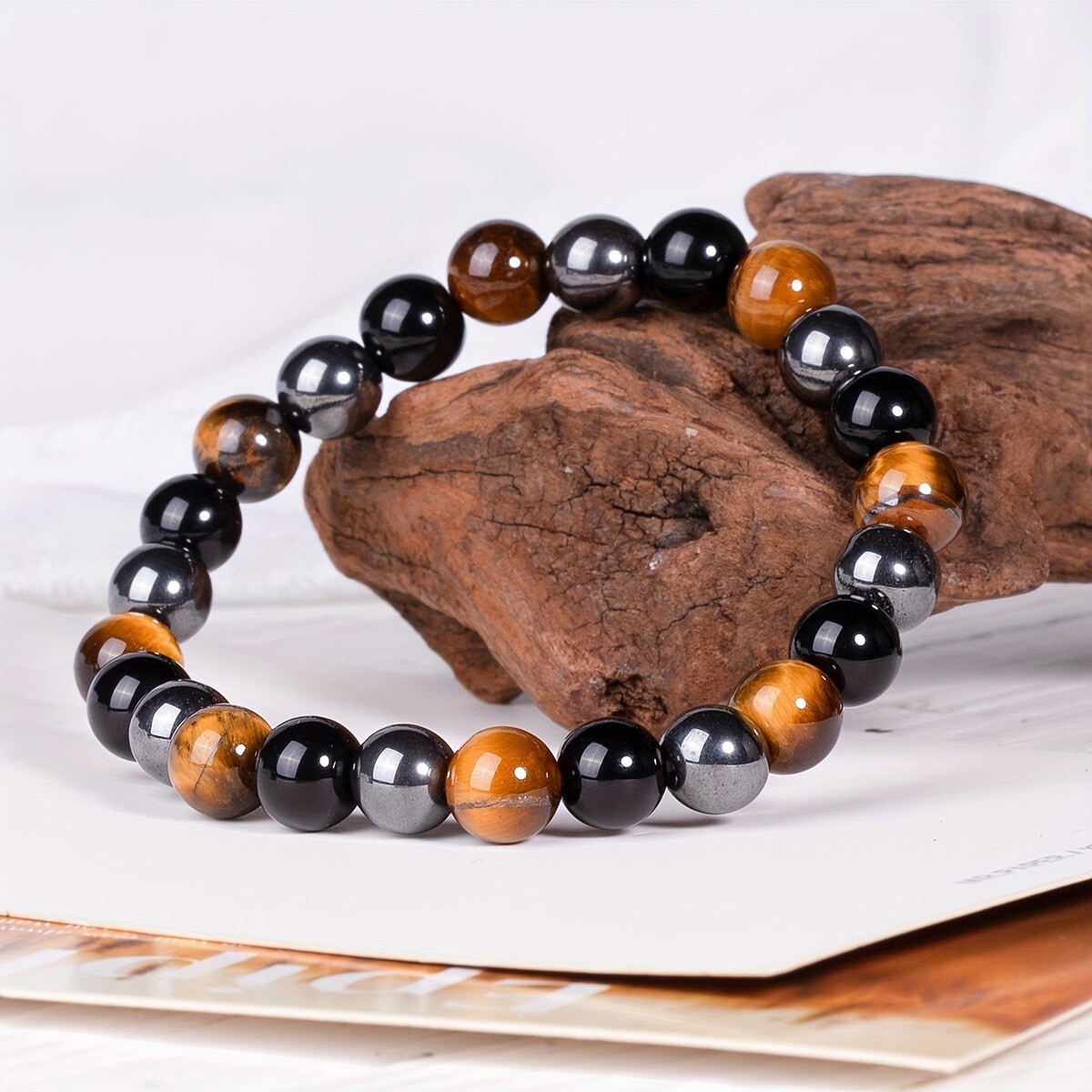 Triple Protection Bracelet 8mm Tiger Eye Obsidian Hematite Crystal Gemstone Bead