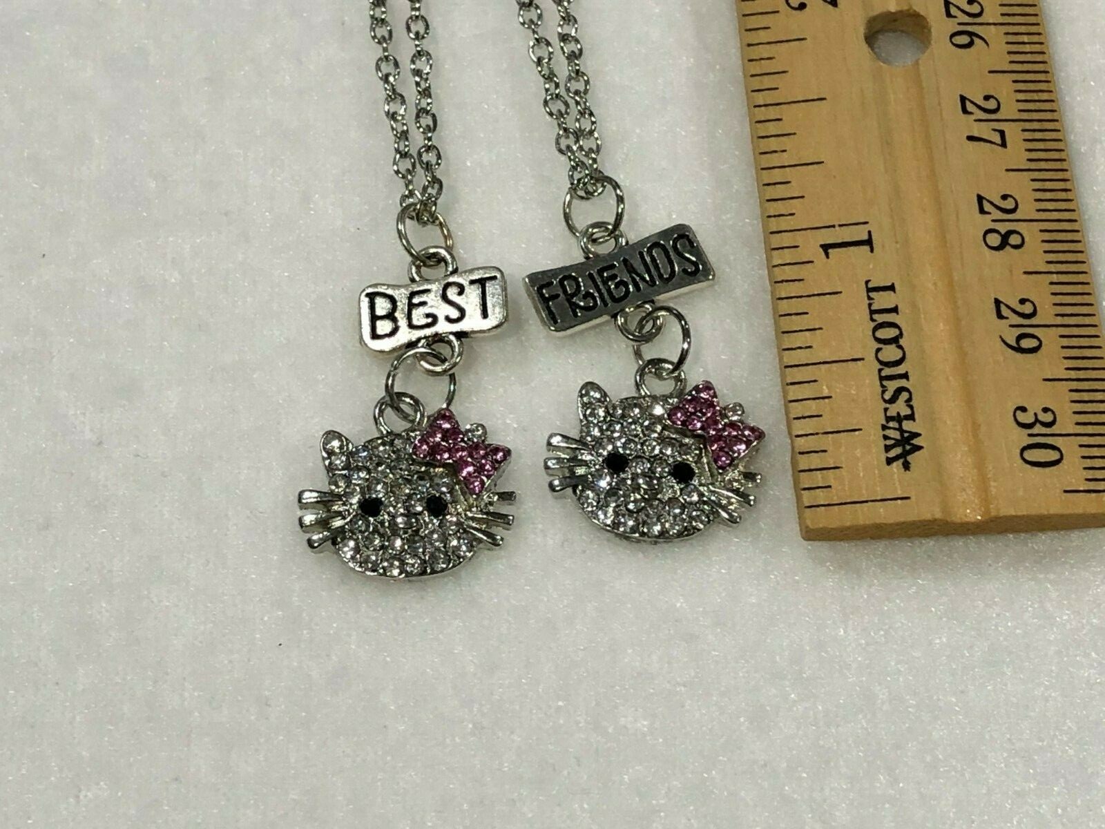 BEST FRIEND Pink & Clear Rhinestone Kitty 2 Pendants Necklace BFF Friendship Cat