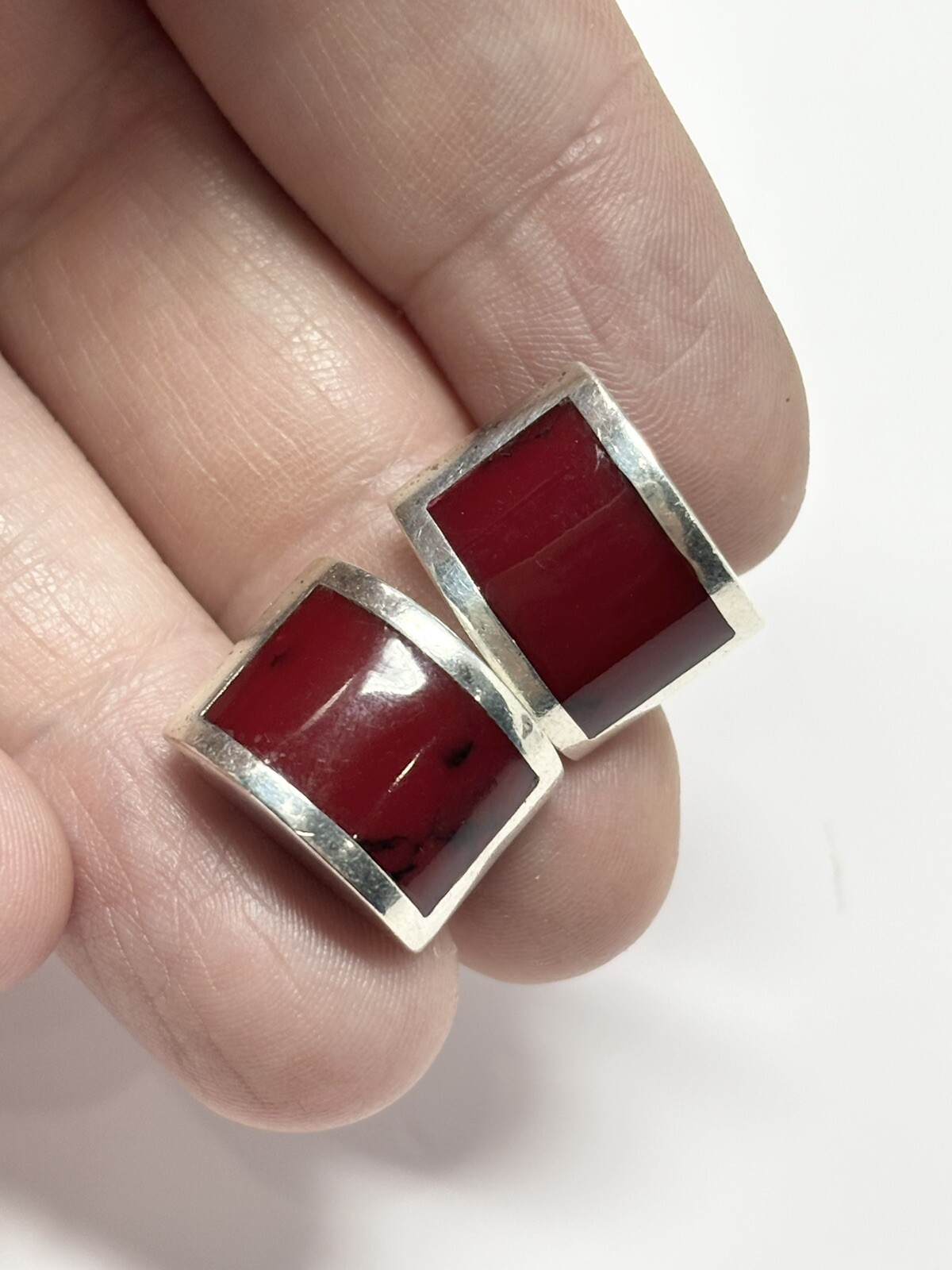 Sterling Silver 925 Red Jasper Inlay Black Veined Dome Post Back Earrings