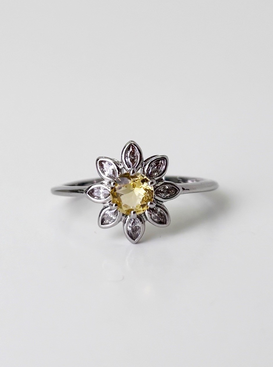 925 Sterling Silver Sunflower Daisy Ring Yellow Clear CZ Ring Size 7