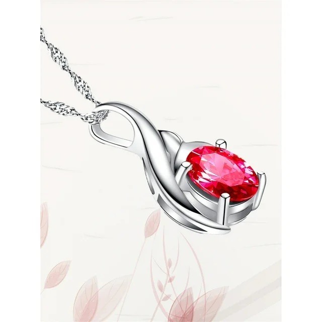 925 Sterling Silver Simulated Gemstone Ruby Oval Pendant Necklace for Women, 18″