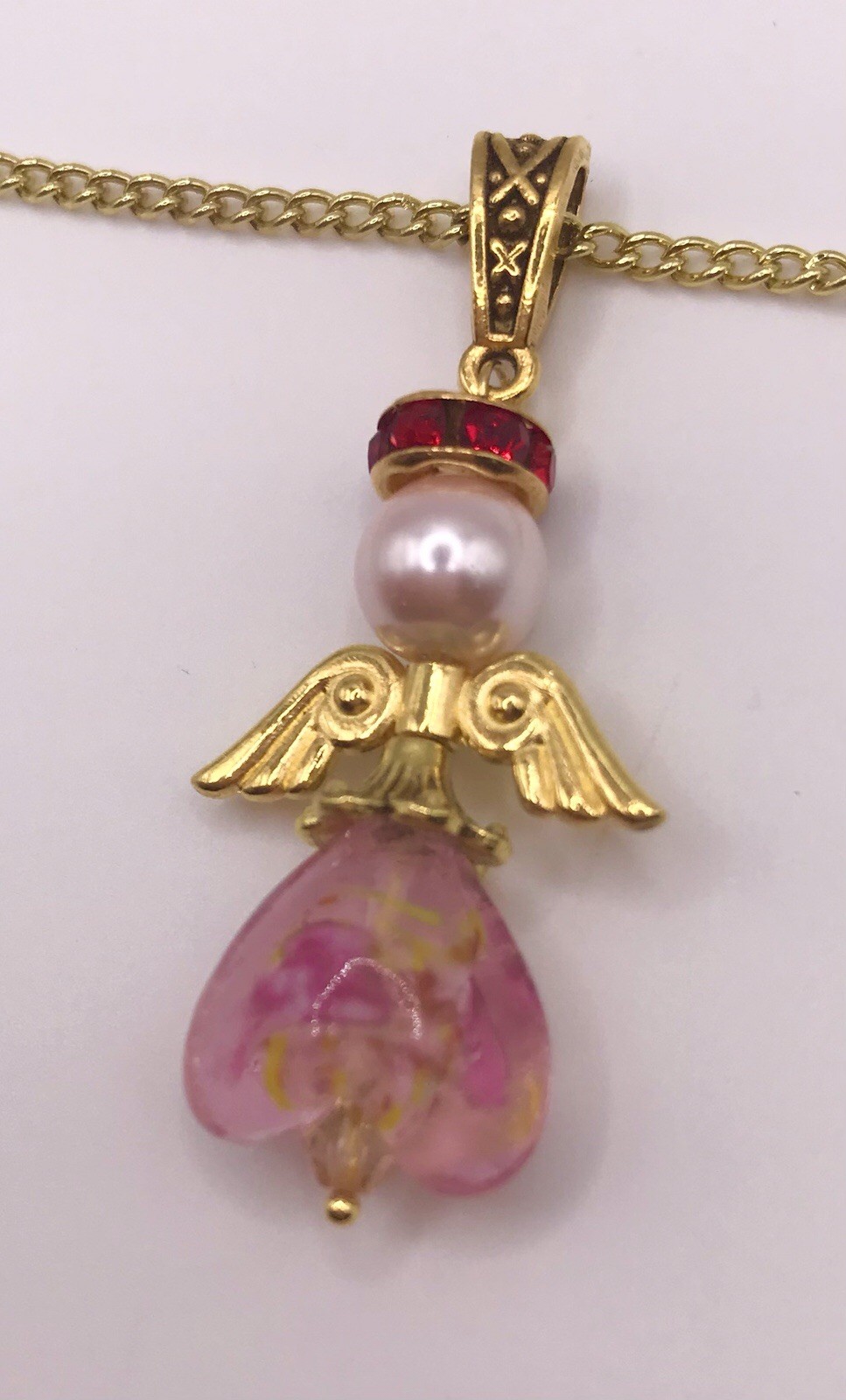 Angel Necklace Glass Pearl murano Pink Heart w/Wings Red Rhinestone Chain
