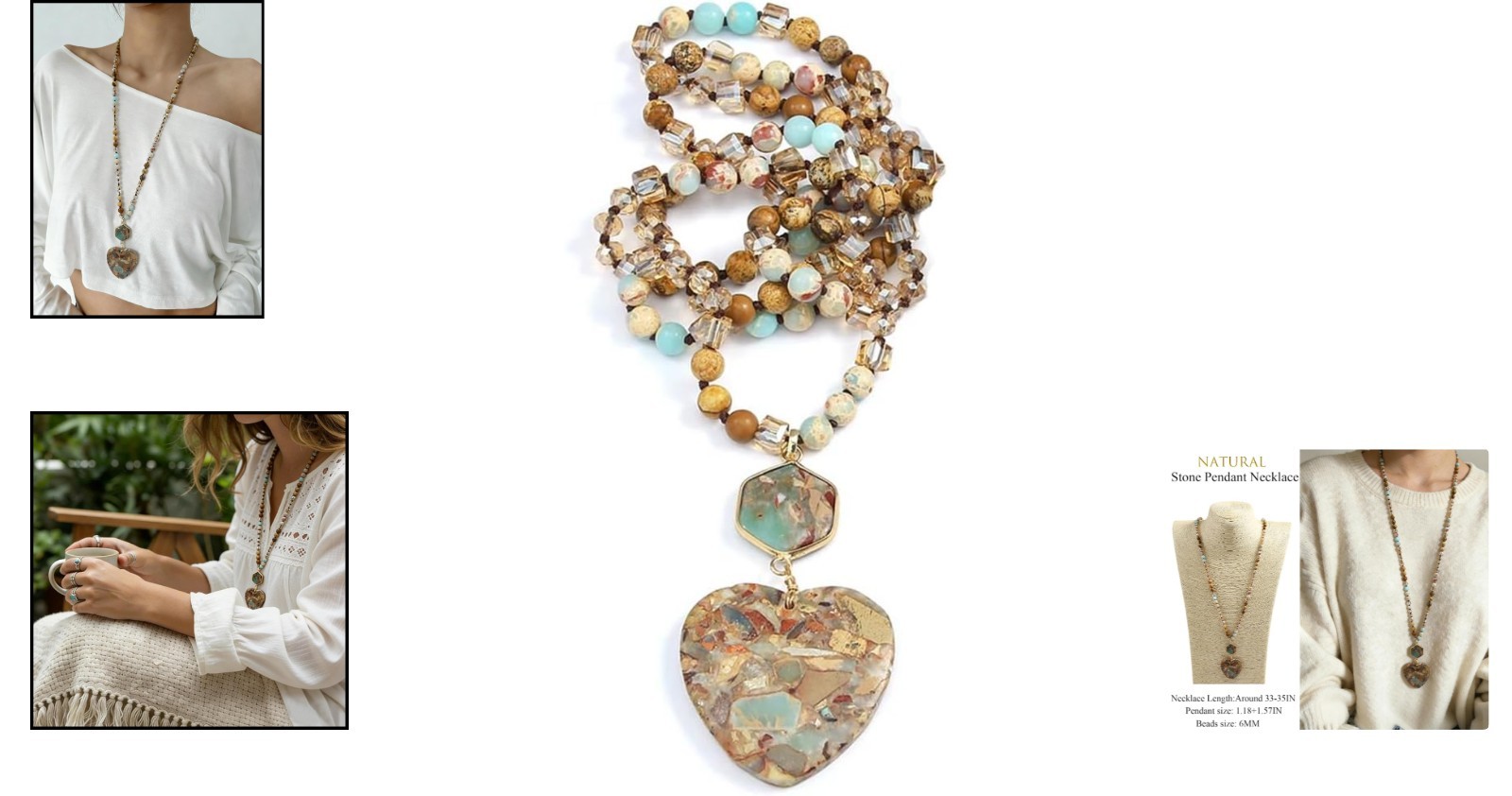 Handmade Beaded Boho Necklace with Heart Pendant, 33 Inch Long Charm Jewelry