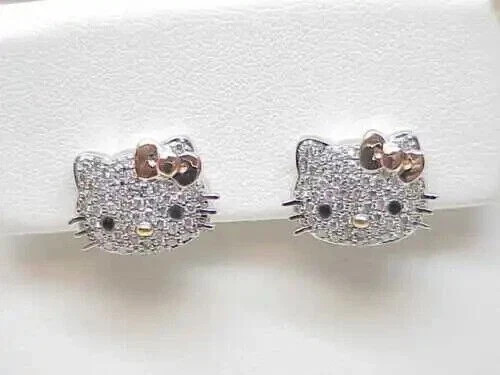 1.30Ct Round Simulated Diamond Hello Kitty Stud Earrings 14k White Gold Plated