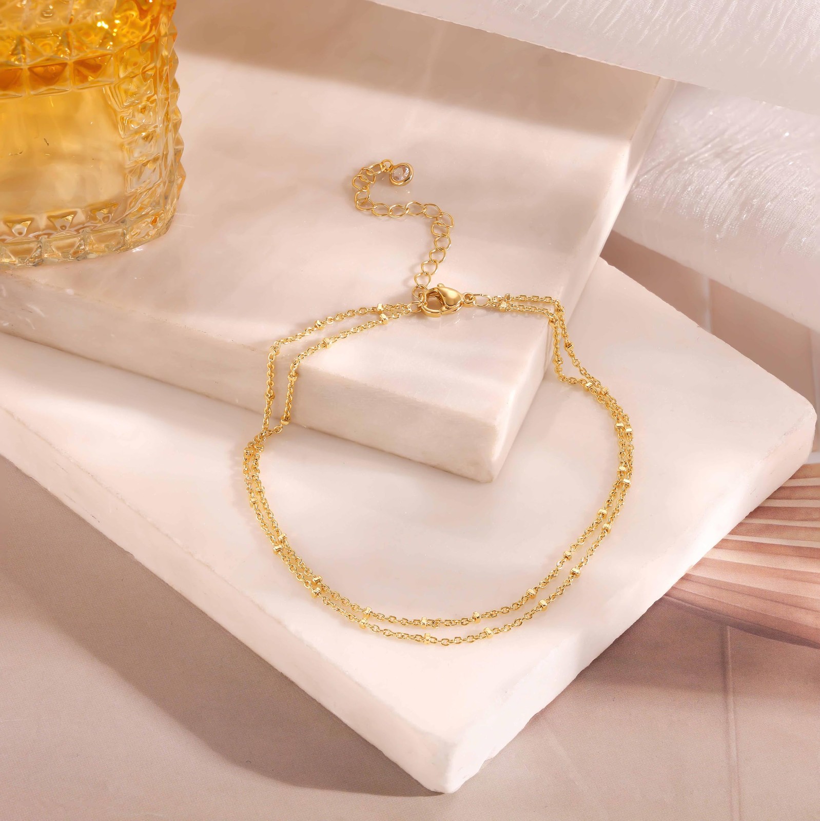 Plated Layered Anklet, Dainty Double Chain Beach Anklet for Women