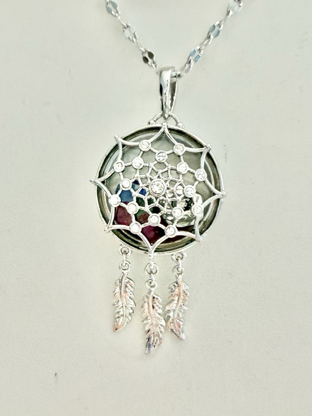 New ORIGAMI OWL Silver & Crystals Dream Catcher Locket 26” Necklace W/9 Charms
