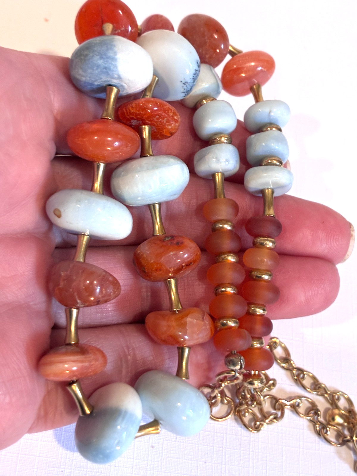 Boho Chunky Natural Gemstones -light blue, red/orange, brass, long 20″ – 24″