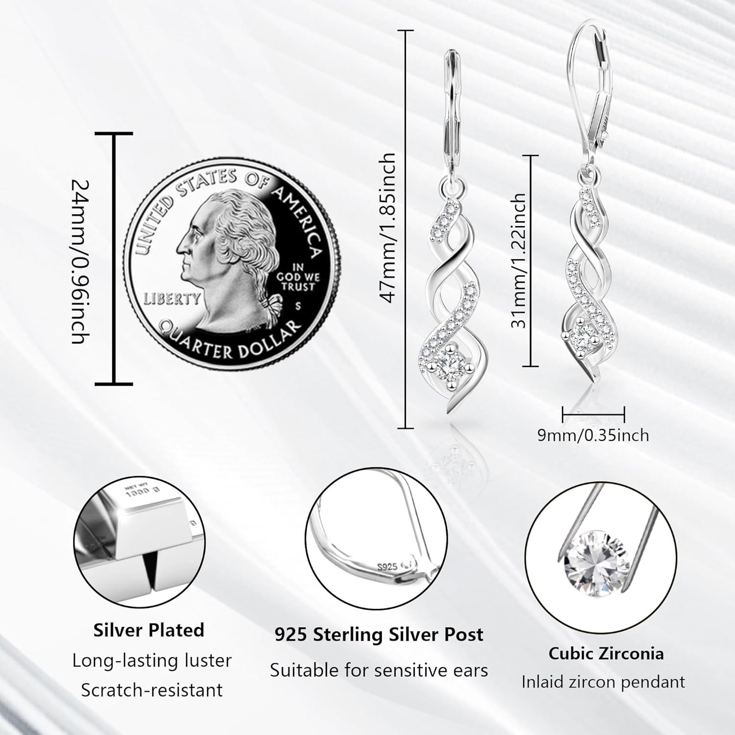 Sterling Silver Drop Dangle Earrings for Women Cubic Zirconia A-Silver